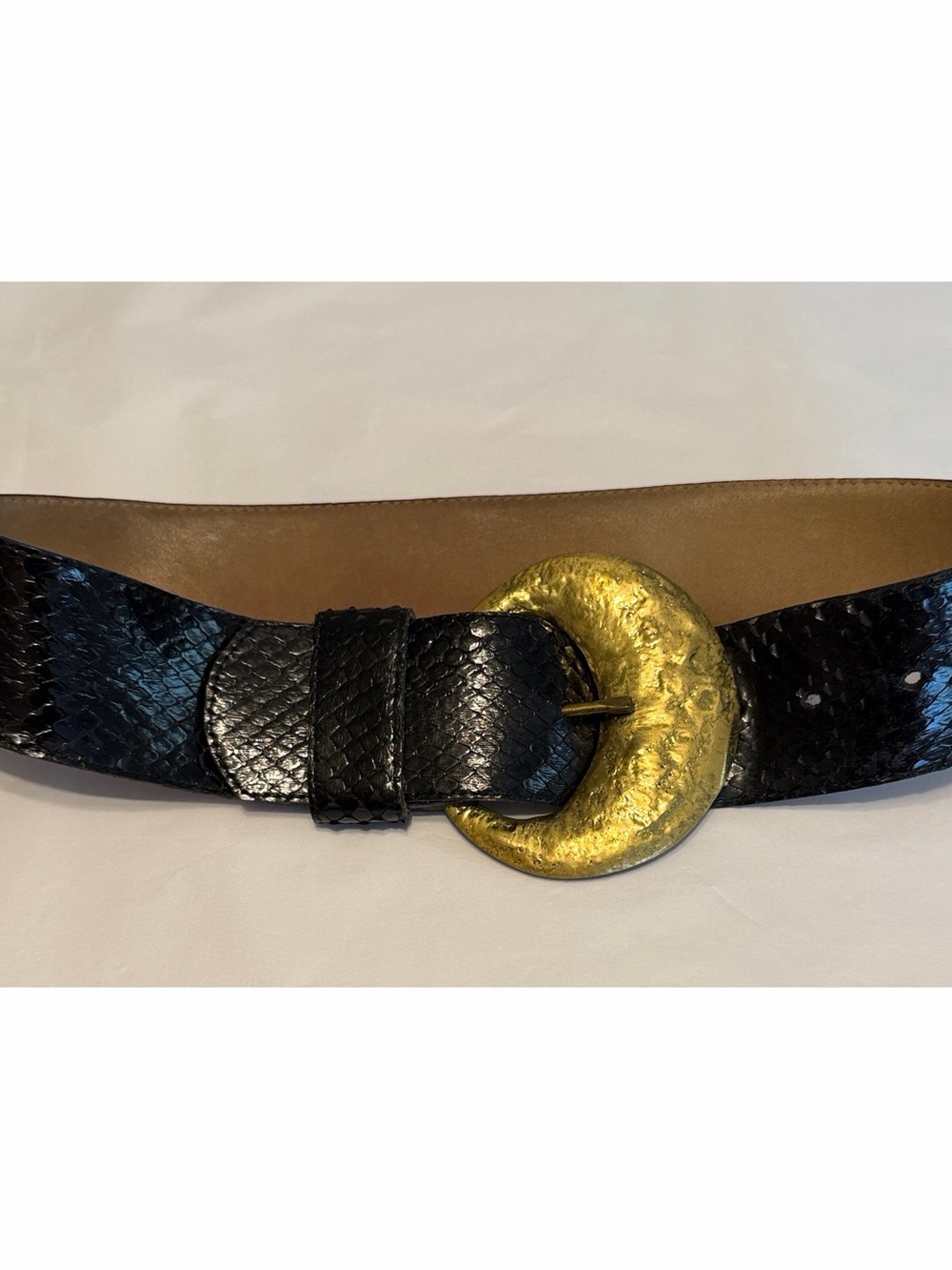 Vintage Dusty Baker Black Snakeskin Leather Belt Hammered Gold-tone buckle xs